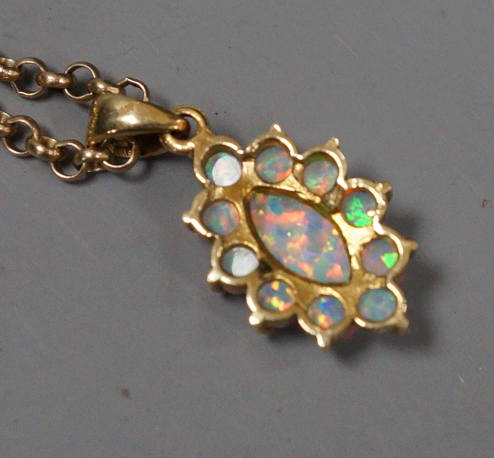 A modern 585 yellow metal and opal set oval cluster pendant, 18mm, on a 9k chain, 50cm, gross weight 9.9 grams.